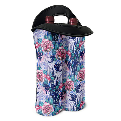 Blue Fairy Rose Unicorn Pattern Print Double Neoprene Wine Tote