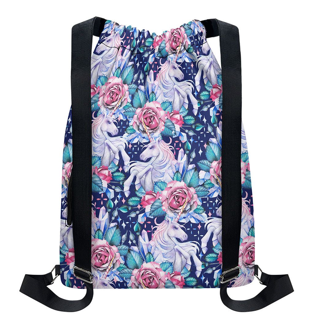 Blue Fairy Rose Unicorn Pattern Print Drawstring Backpack