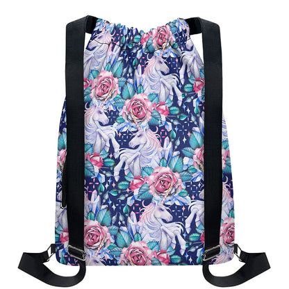 Blue Fairy Rose Unicorn Pattern Print Drawstring Backpack