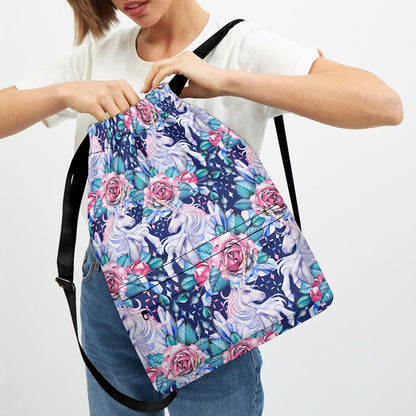 Blue Fairy Rose Unicorn Pattern Print Drawstring Backpack