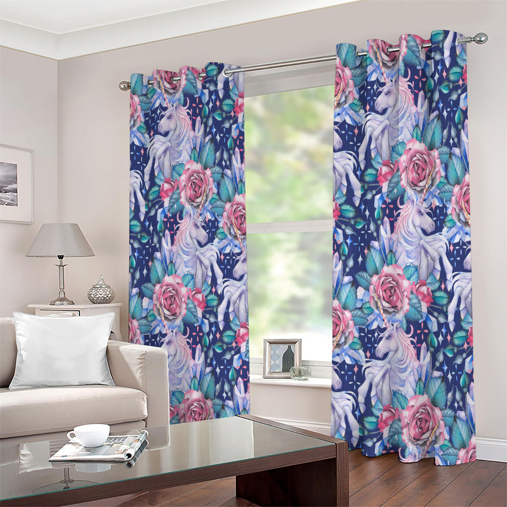 Blue Fairy Rose Unicorn Pattern Print Extra Wide Grommet Curtains