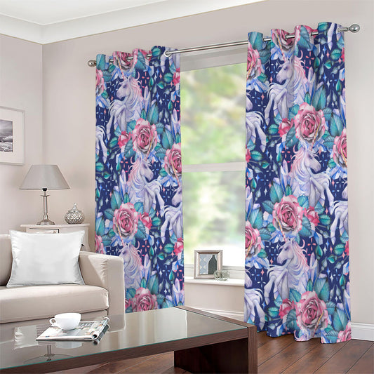 Blue Fairy Rose Unicorn Pattern Print Extra Wide Grommet Curtains
