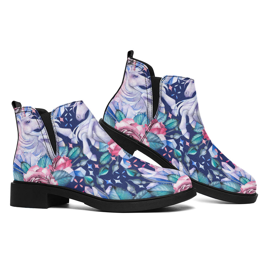 Blue Fairy Rose Unicorn Pattern Print Flat Ankle Boots