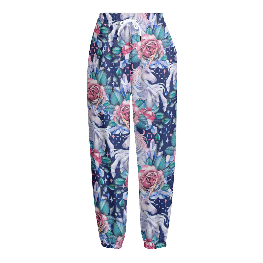 Blue Fairy Rose Unicorn Pattern Print Fleece Lined Knit Pants