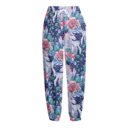 Blue Fairy Rose Unicorn Pattern Print Fleece Lined Knit Pants