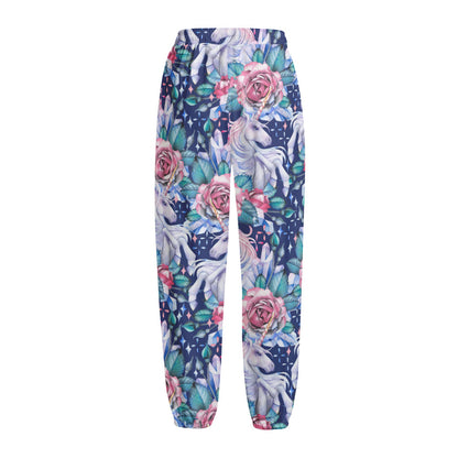Blue Fairy Rose Unicorn Pattern Print Fleece Lined Knit Pants