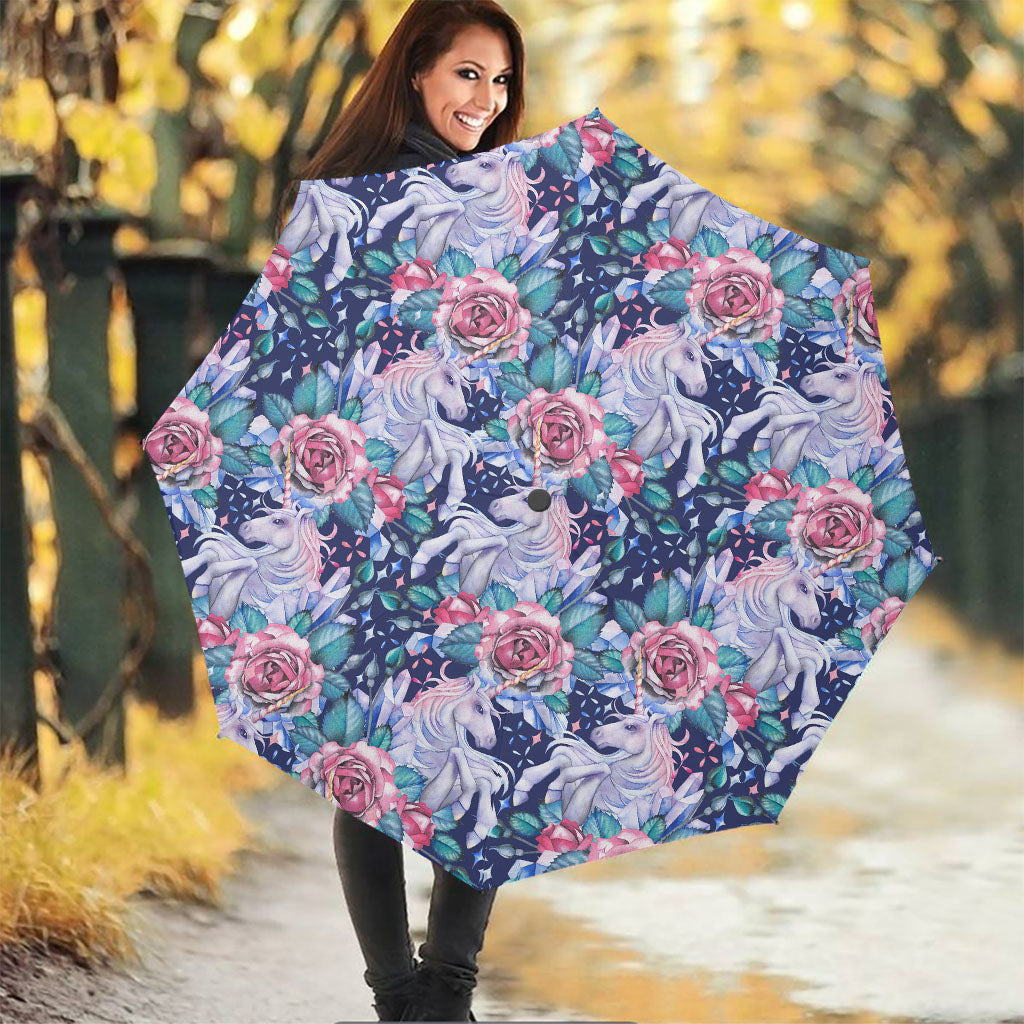Blue Fairy Rose Unicorn Pattern Print Foldable Umbrella
