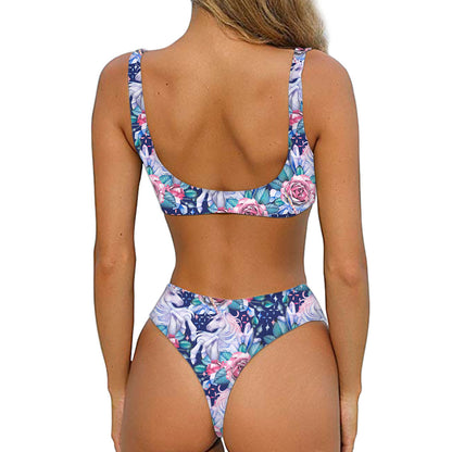 Blue Fairy Rose Unicorn Pattern Print Front Bow Tie Bikini