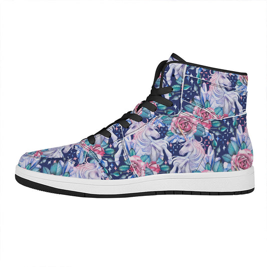 Blue Fairy Rose Unicorn Pattern Print High Top Leather Sneakers
