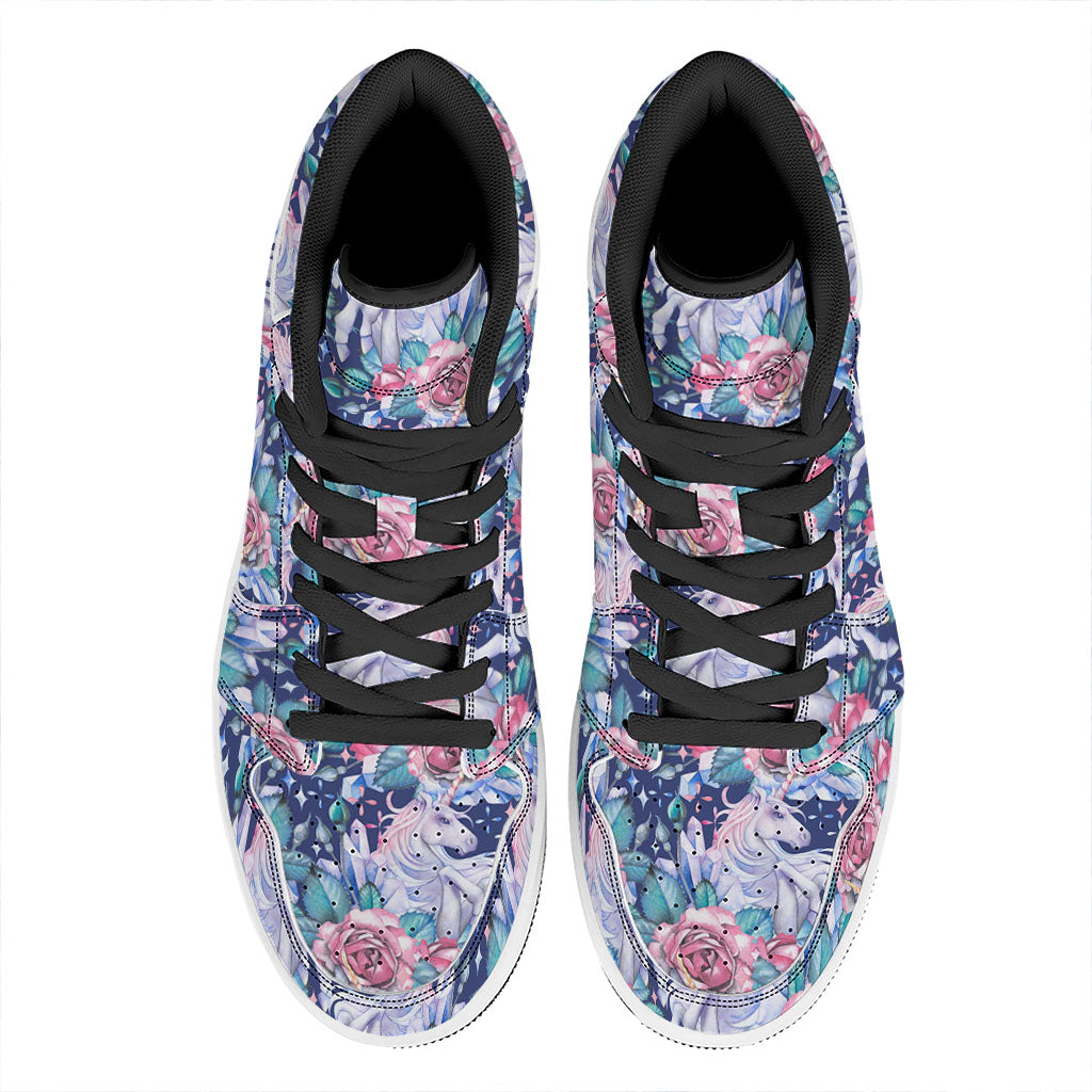 Blue Fairy Rose Unicorn Pattern Print High Top Leather Sneakers