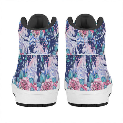 Blue Fairy Rose Unicorn Pattern Print High Top Leather Sneakers