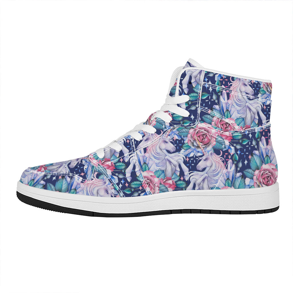 Blue Fairy Rose Unicorn Pattern Print High Top Leather Sneakers