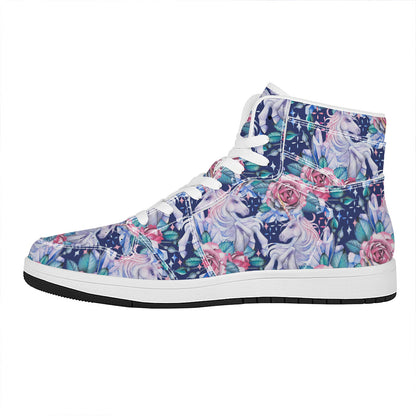 Blue Fairy Rose Unicorn Pattern Print High Top Leather Sneakers