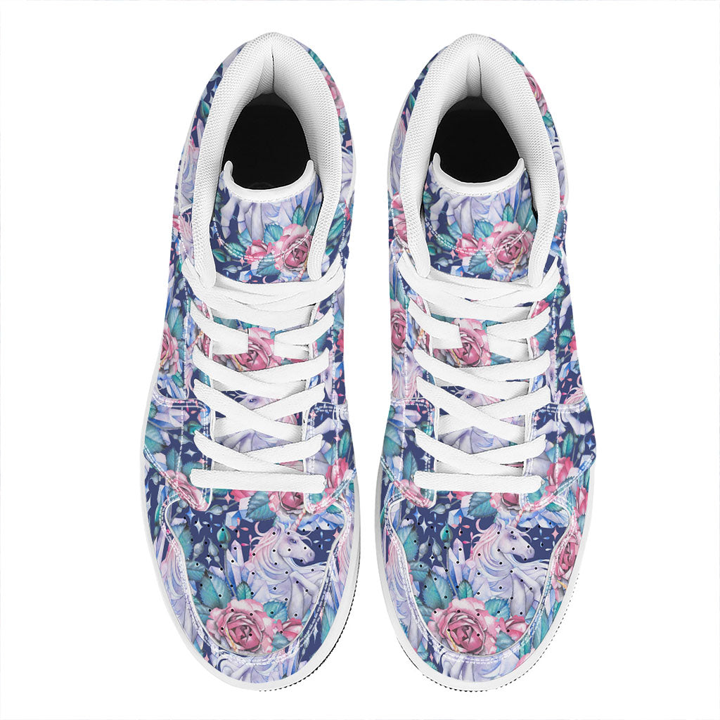 Blue Fairy Rose Unicorn Pattern Print High Top Leather Sneakers