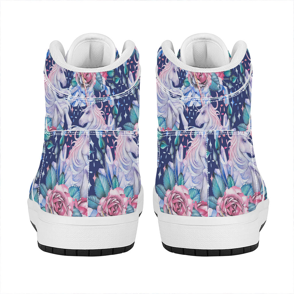 Blue Fairy Rose Unicorn Pattern Print High Top Leather Sneakers