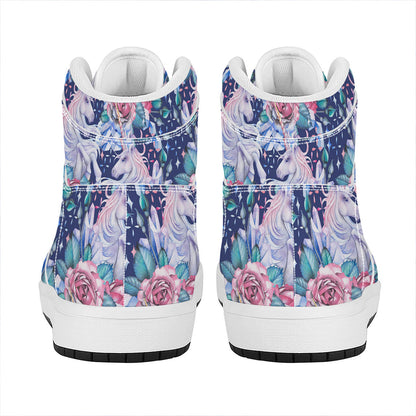 Blue Fairy Rose Unicorn Pattern Print High Top Leather Sneakers