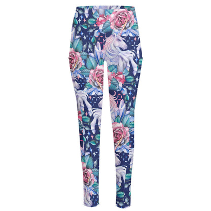 Blue Fairy Rose Unicorn Pattern Print High-Waisted Pocket Leggings