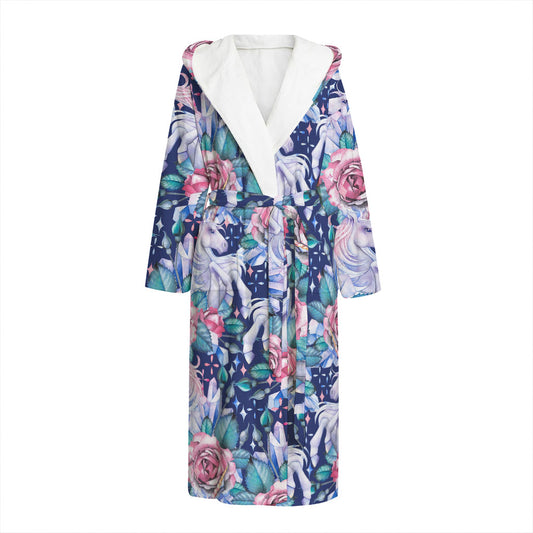 Blue Fairy Rose Unicorn Pattern Print Hooded Bathrobe