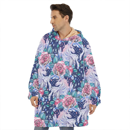 Blue Fairy Rose Unicorn Pattern Print Hoodie Blanket