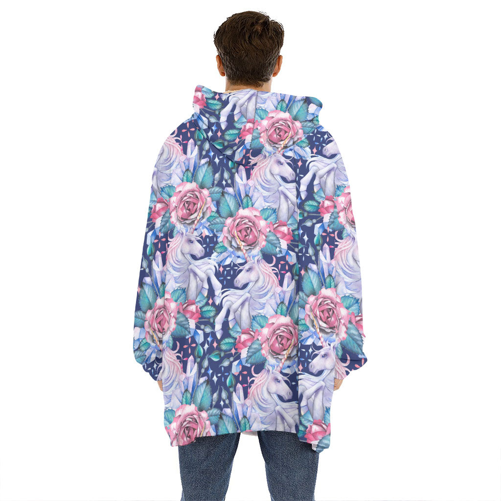 Blue Fairy Rose Unicorn Pattern Print Hoodie Blanket