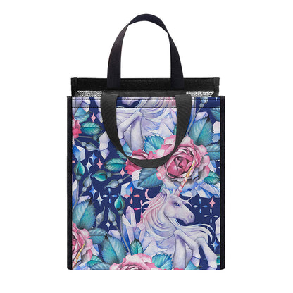 Blue Fairy Rose Unicorn Pattern Print Insulated Lunch Tote