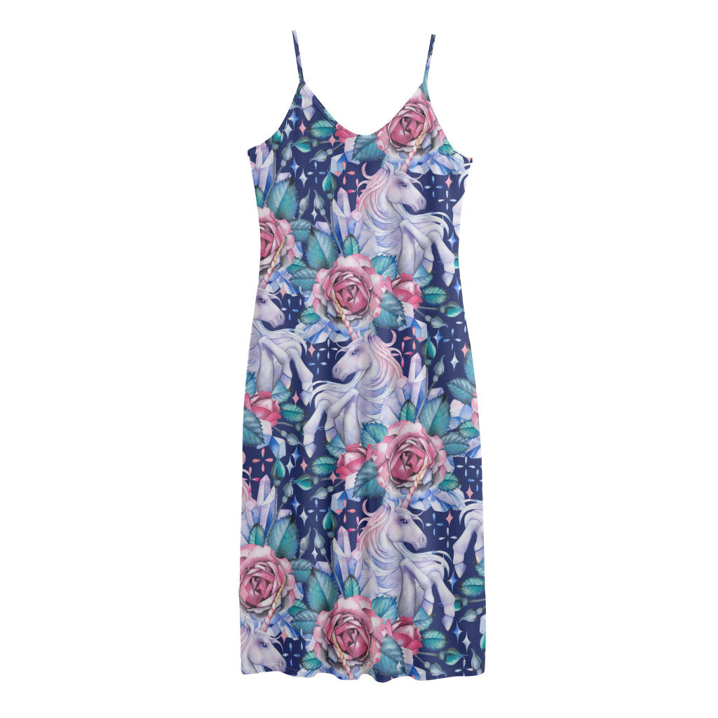 Blue Fairy Rose Unicorn Pattern Print Jersey Midi Cami Dress