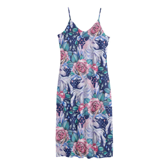 Blue Fairy Rose Unicorn Pattern Print Jersey Midi Cami Dress