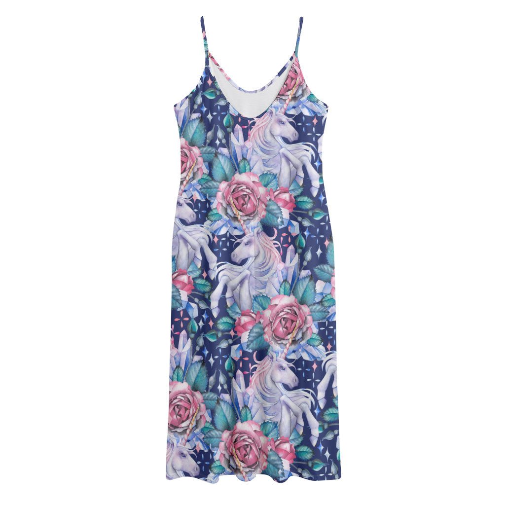 Blue Fairy Rose Unicorn Pattern Print Jersey Midi Cami Dress