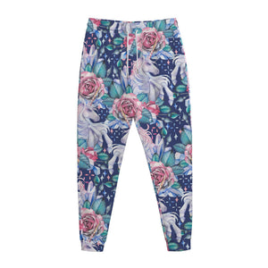 Blue Fairy Rose Unicorn Pattern Print Jogger Pants