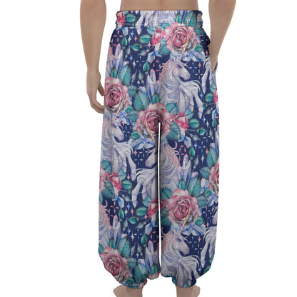 Blue Fairy Rose Unicorn Pattern Print Lantern Pants