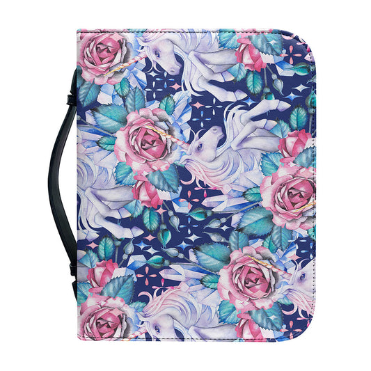 Blue Fairy Rose Unicorn Pattern Print Leather Bible Cover