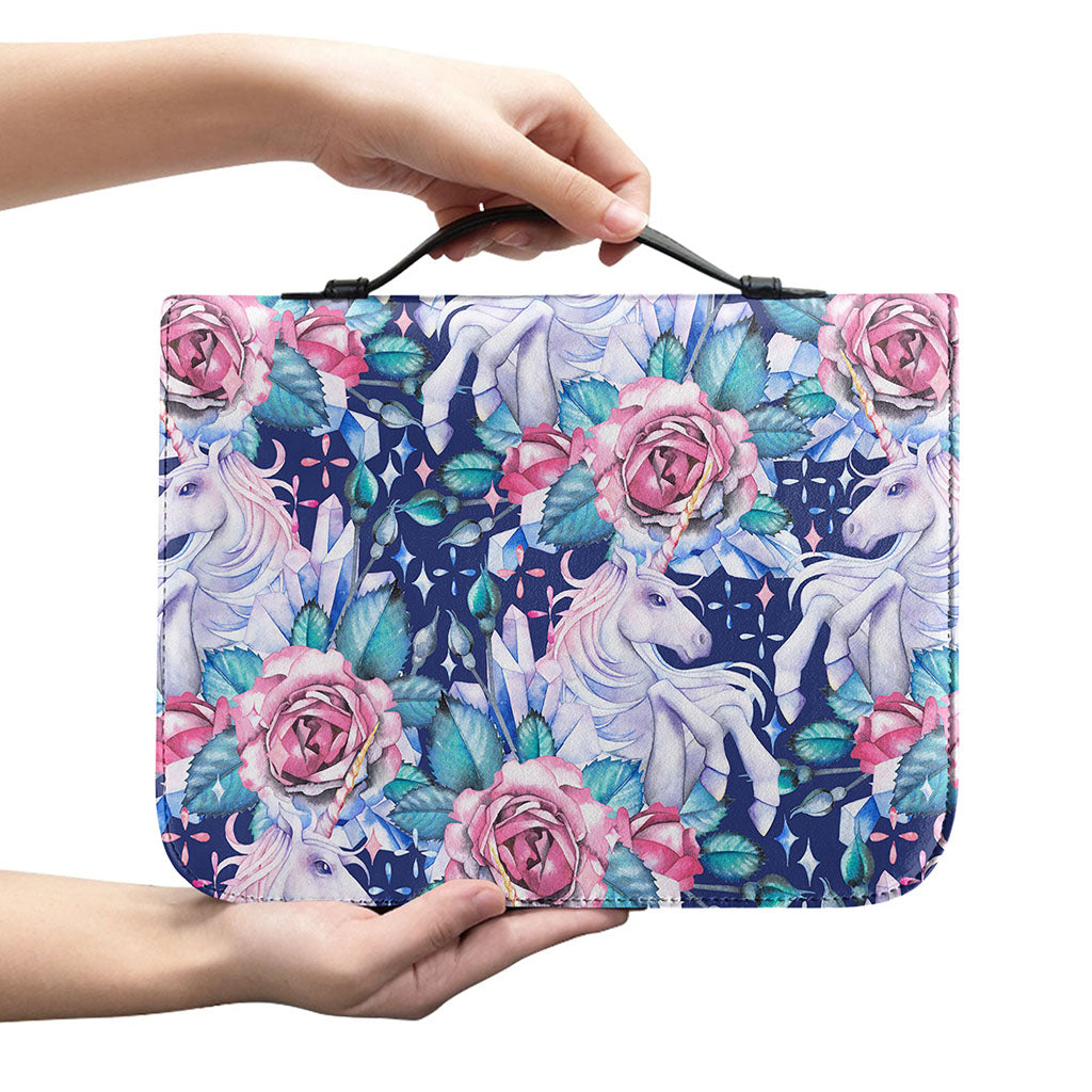 Blue Fairy Rose Unicorn Pattern Print Leather Bible Cover