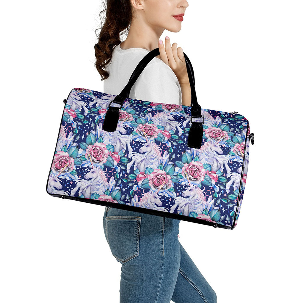 Blue Fairy Rose Unicorn Pattern Print Leather Duffle Bag