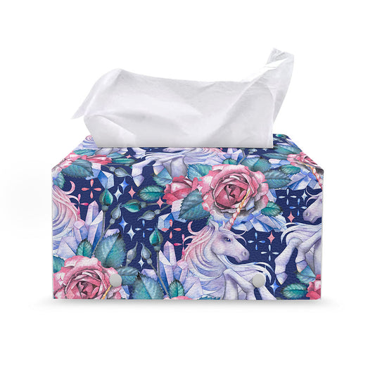 Blue Fairy Rose Unicorn Pattern Print Leather Tissue Box Cover