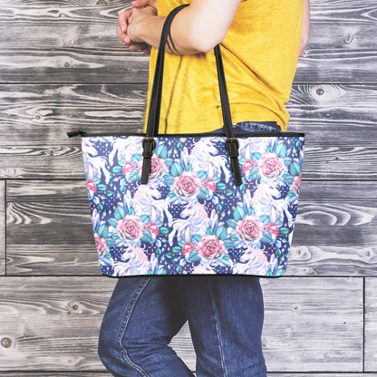 Blue Fairy Rose Unicorn Pattern Print Leather Tote Bag