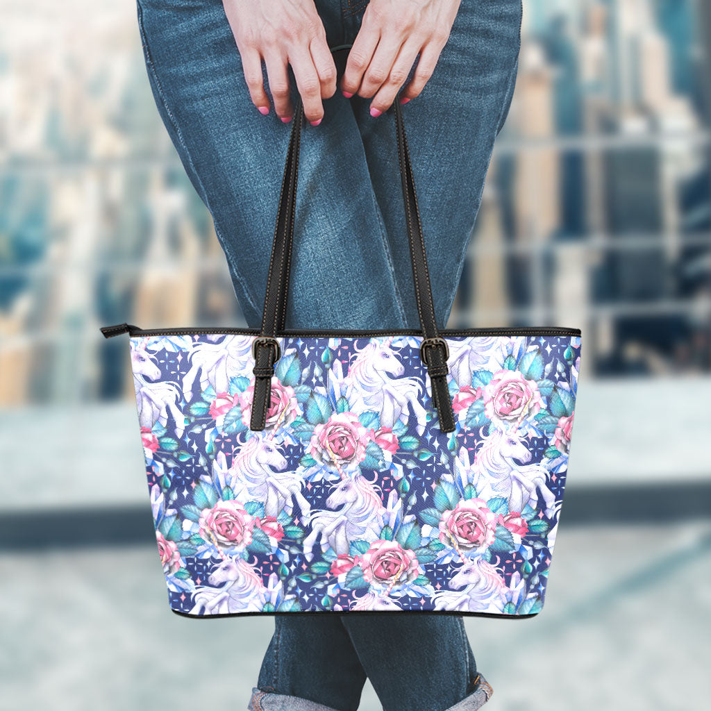 Blue Fairy Rose Unicorn Pattern Print Leather Tote Bag