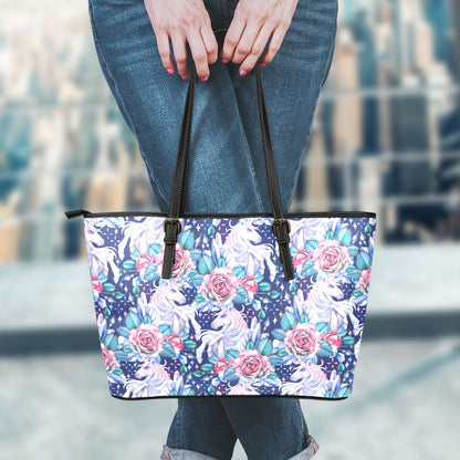 Blue Fairy Rose Unicorn Pattern Print Leather Tote Bag