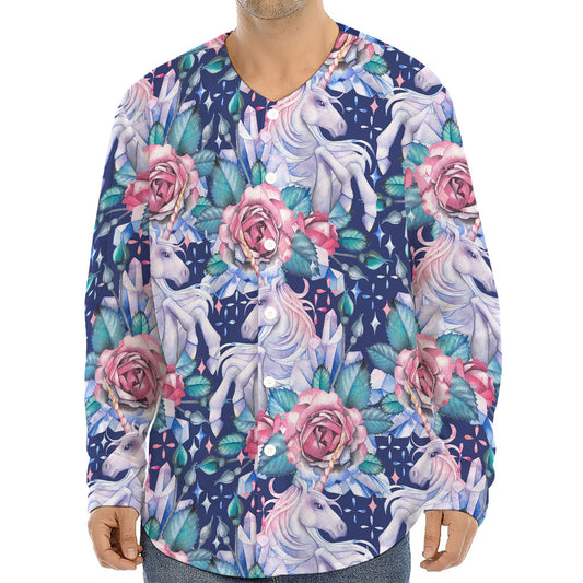 Blue Fairy Rose Unicorn Pattern Print Long Sleeve Baseball Jersey