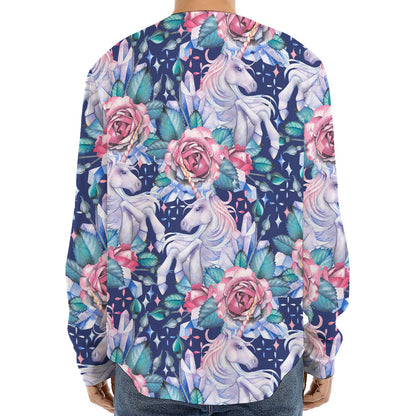 Blue Fairy Rose Unicorn Pattern Print Long Sleeve Baseball Jersey