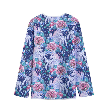 Blue Fairy Rose Unicorn Pattern Print Long Sleeve Short Coat