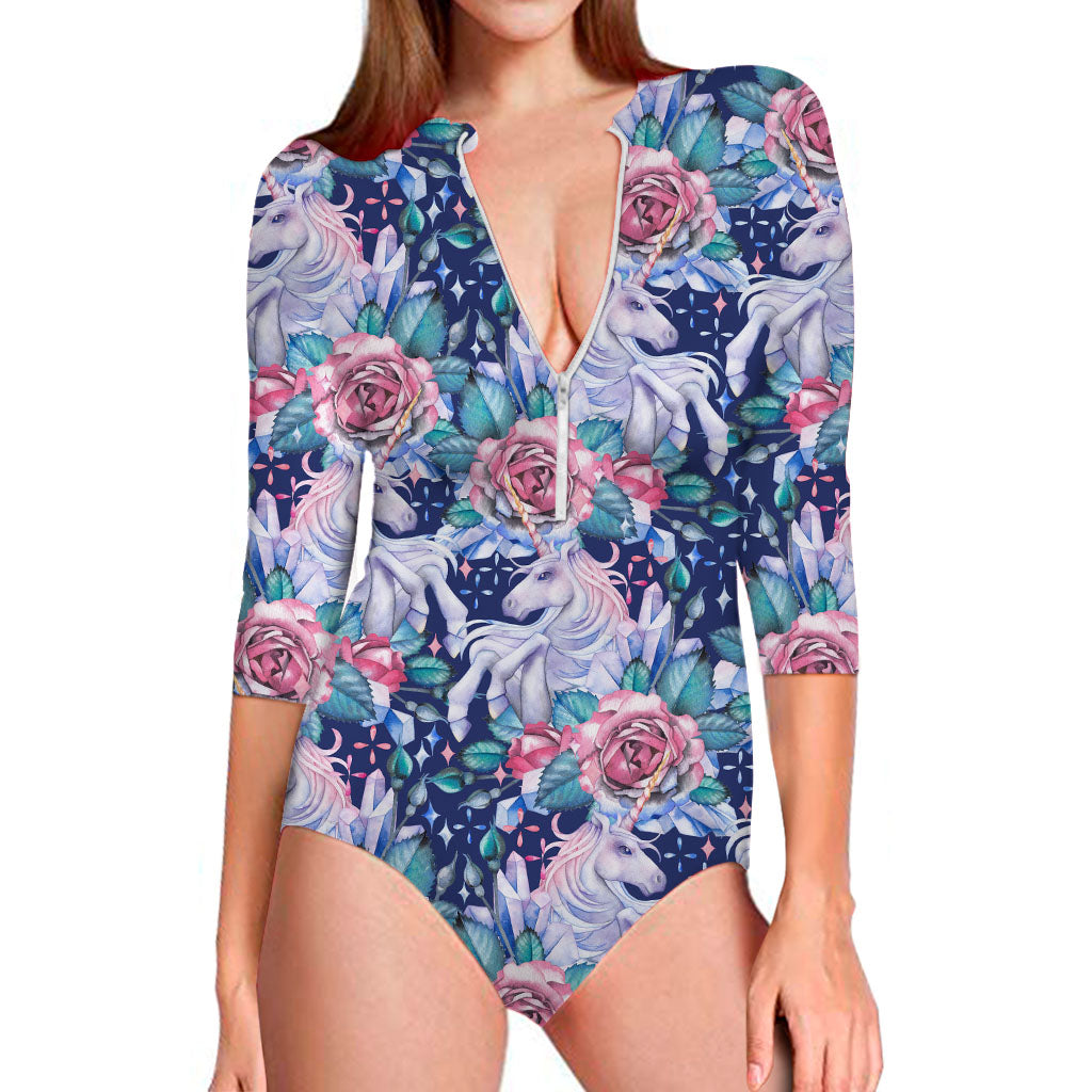 Blue Fairy Rose Unicorn Pattern Print Long Sleeve Swimsuit