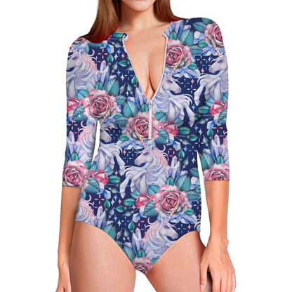 Blue Fairy Rose Unicorn Pattern Print Long Sleeve Swimsuit