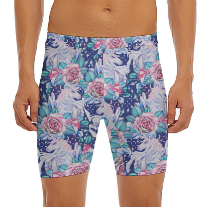 Blue Fairy Rose Unicorn Pattern Print Men's Long Boxer Briefs