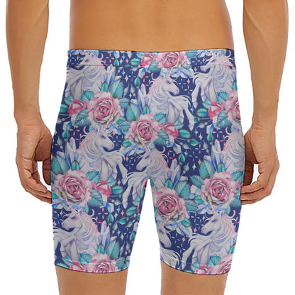 Blue Fairy Rose Unicorn Pattern Print Men's Long Boxer Briefs