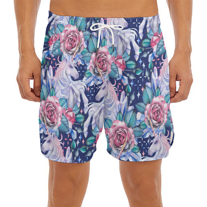 Blue Fairy Rose Unicorn Pattern Print Men's Split Running Shorts