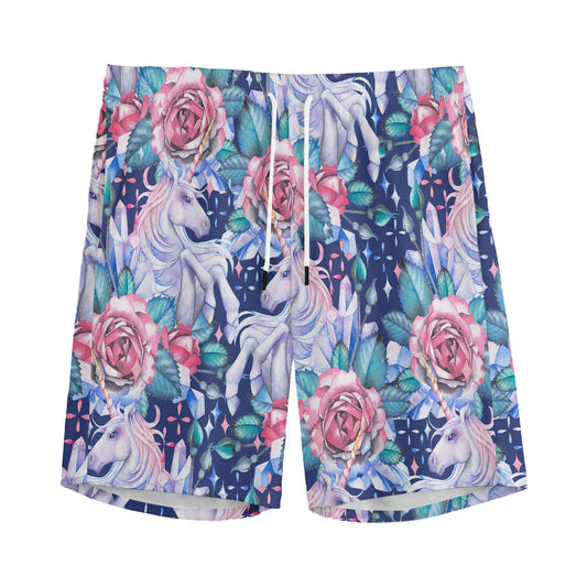 Blue Fairy Rose Unicorn Pattern Print Men's Sports Shorts