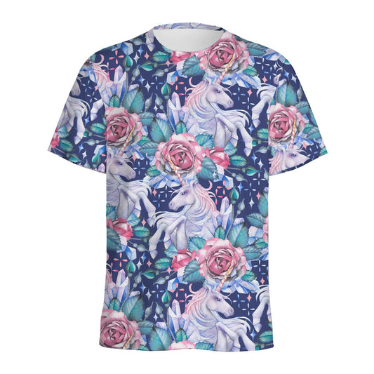Blue Fairy Rose Unicorn Pattern Print Men's Sports T-Shirt