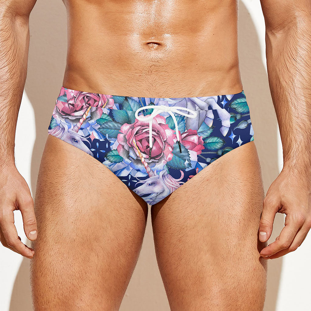 Blue Fairy Rose Unicorn Pattern Print Men's Swim Briefs