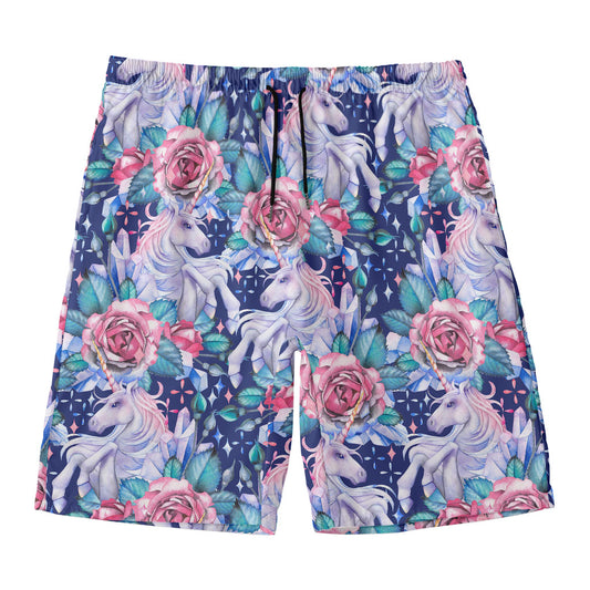 Blue Fairy Rose Unicorn Pattern Print Men's Swim Trunks