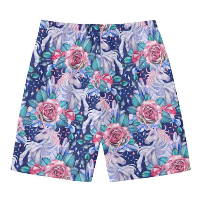 Blue Fairy Rose Unicorn Pattern Print Men's Swim Trunks